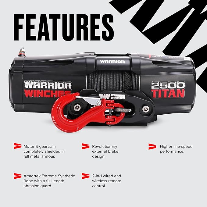 Warrior Winches - Titan 2,500lb Synthetic Rope Electric Winch – 12V, 3.4HP Motor, 166:1 Planetary Gear, Wired/Wireless Remote, Manual Clutch, Spring Brake, ATV/UTV Winch