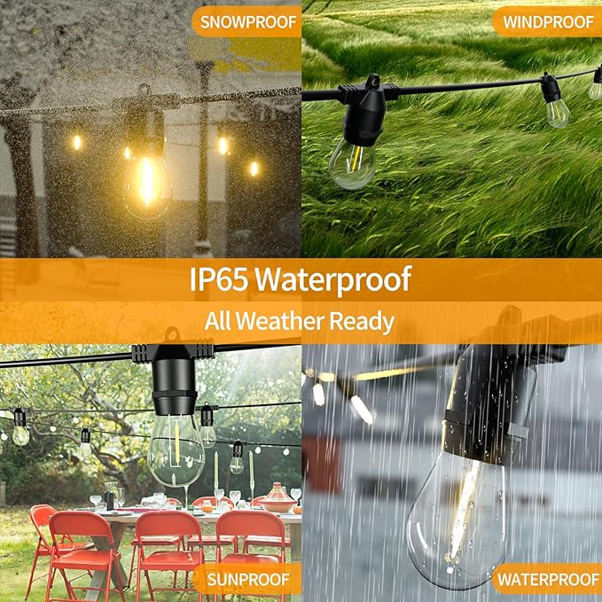 108FT LED Outdoor String Lights, IP65 Waterproof, S14 Shatterproof 27FT*4 Pack Outdoor String Lights (Maximum 918FT) Edison Vintage Bulbs Patio, Balcony, Deck, Garden Lights