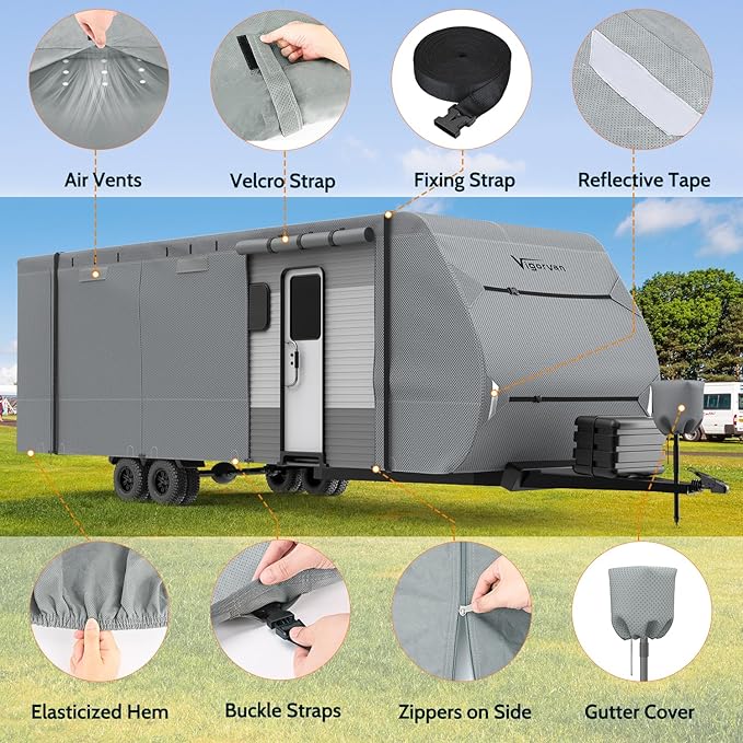RV Cover Vigorvan Upgrad 7 Layers Top Camper Cover Windproof Travel Trailer Cover for 27-30FT RV, Toy Hauler Cover with Tongue Jack Cover, Extra Windproof Ropes, Gutter Covers
