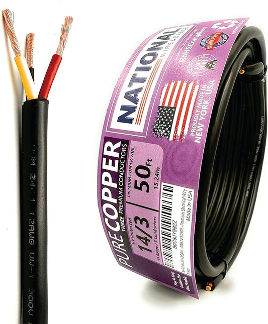 NATIONAL Wire & Cable – 14 AWG 3-Conductor Premium Copper Wire, 50 ft, Stranded | Made in USA, Heavy-Duty Flexible Jacket | Automotive, Low Voltage, LED, Lights, DIY, Indoor and Outdoor Use5
