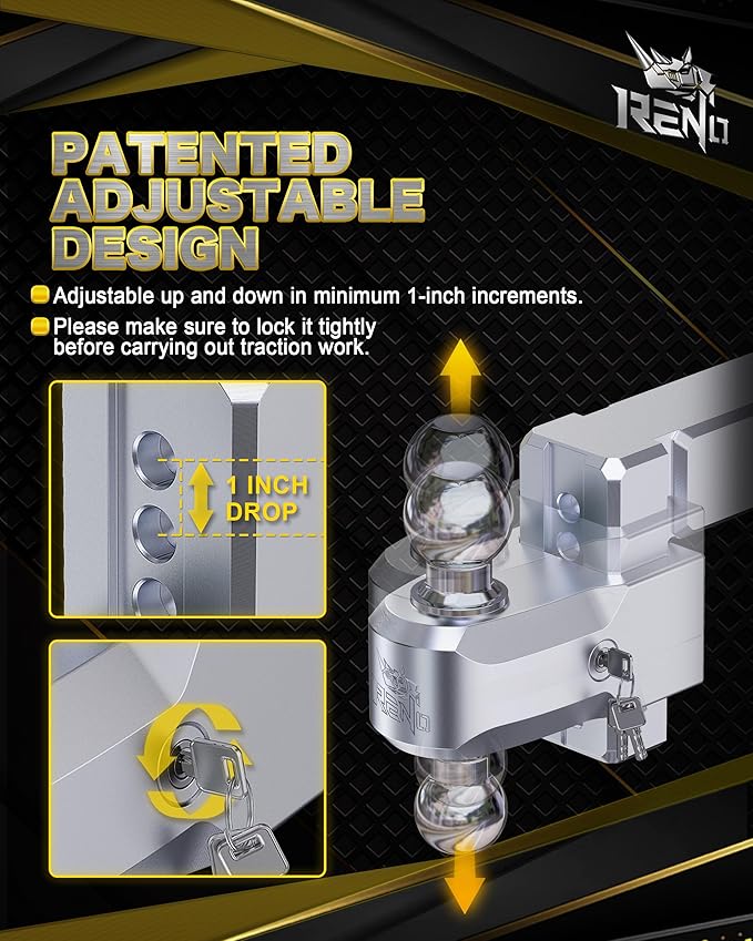 RENO Adjustable Trailer Hitch, Fits 2.5 inch Receiver Hitch 4" Rise/Drop Tow Hitch, Heavy Duty 2" & 2-5/16" Ball Hitches with 18,500 LBS GTW (1 Pack, Aluminum)