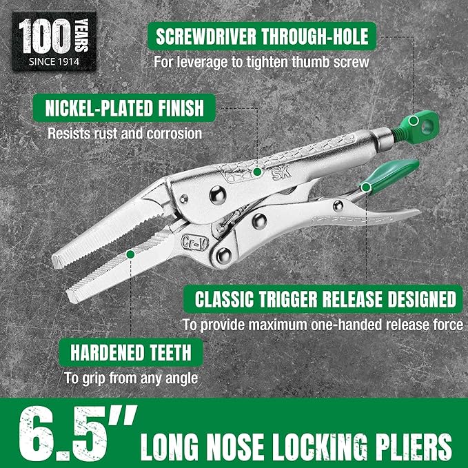 SK 6.5" Long Nose Locking Pliers, Premium CR-V Construction, Ergonomic Anti-slip Handle, Ideal for Welding or Assembly