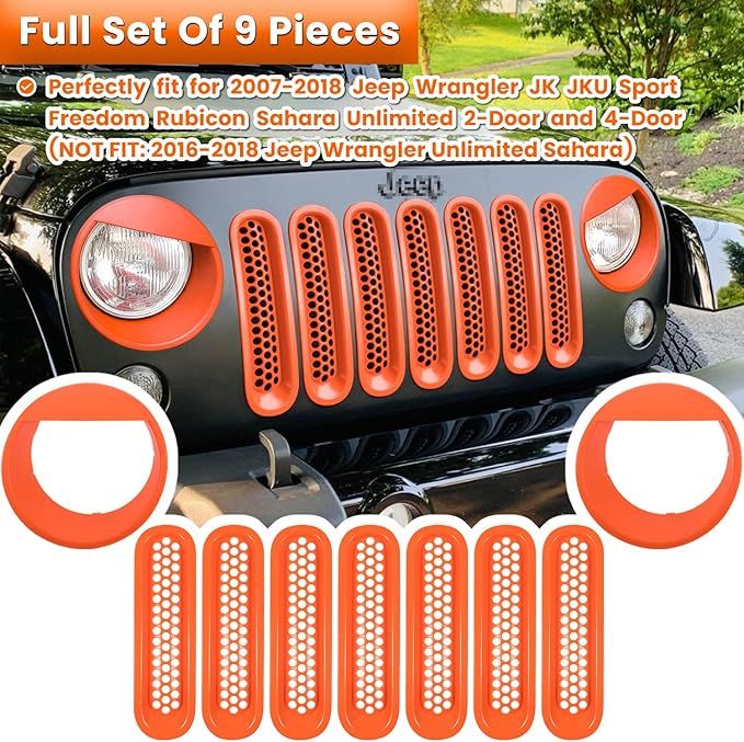 Front Grille Mesh Inserts & Headlight Cover for Jeep Wrangler JK JKU Sport Freedom Rubicon Sahara Unlimited 2007-2018 Exterior Accessories Clip-in Grille Guard Headlight Bezels Trim (Matte Orange)