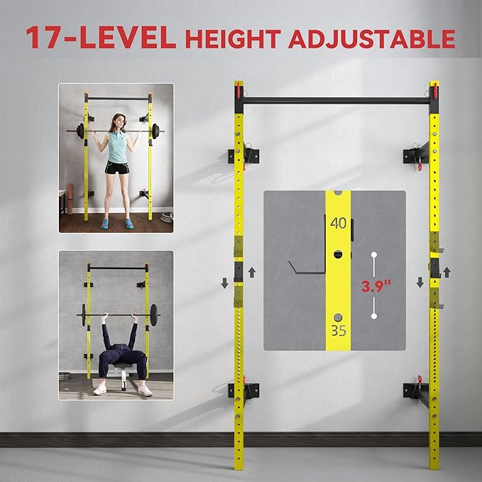 Soozier Folding Squat Rack with Adjustable Pull-Up Bar, 1000 Pounds Capacity Wall Mounted Power Rack, Adjustable Barbell Rack with J Hooks for Home Gym Full Body Workout