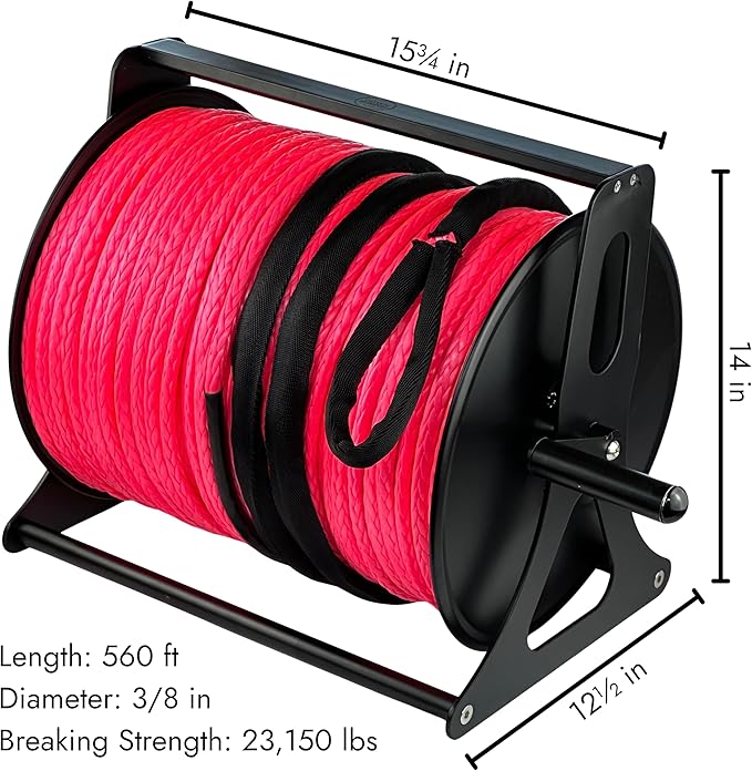 DOWN UNDER OUTDOORS Heavy Duty Game/Log/4x4 Recovery Kit, Deer Drag, 550 ft of 3/8” (23,150 lbs) Winch Rope on Metal Reel, 2 Tree Savers, 2 Soft Shackles, 2 Snatch Rings, 2 Figure 8 Rings, Gear Bag