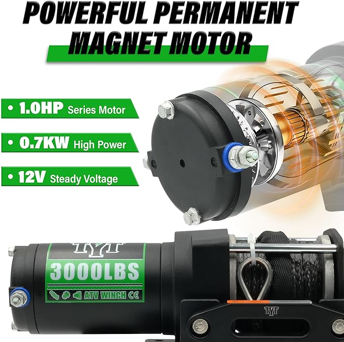 TYT 3000 lb ATV Winch, 12V DC Electric Winch with Wireless Remote and Wired Switch, 1/5"x 32FT Synthetic Winch Rope with Fairlead and Winch Mounting Plate
