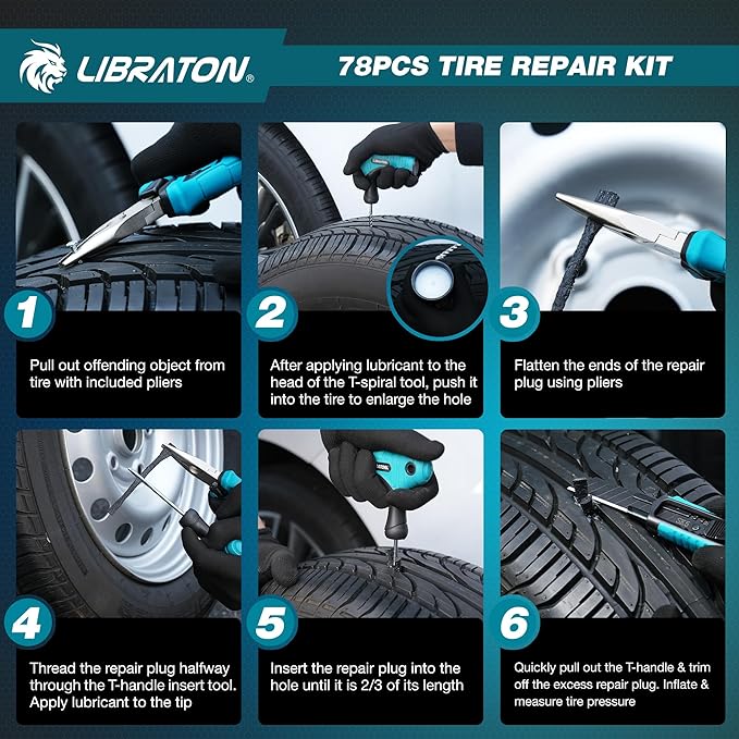 Libraton Tire Repair Kit, 78PCS Tire Plug Kit Heavy Duty Professional Repair Tools to Fix Punctures and Plug Patch Flats, Tubeless Tire Patch Kit for Car, Motorcycle, ATV, SUV, Truck, Tractor, Trailer
