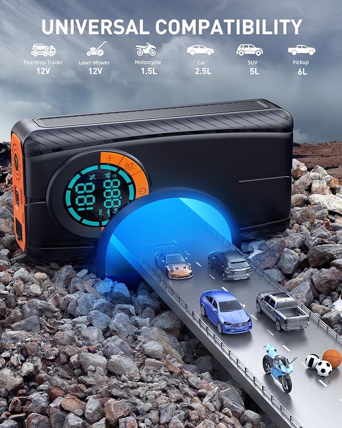 Jump Starter with Air Compressor, Car Battery Jump Starter (8.0 Gas/7.0L Diesel), Battery Jumper Starter Portable Jump Box, 12V Portable Car Jump Starter with Tire Inflator, LED Light (Model)