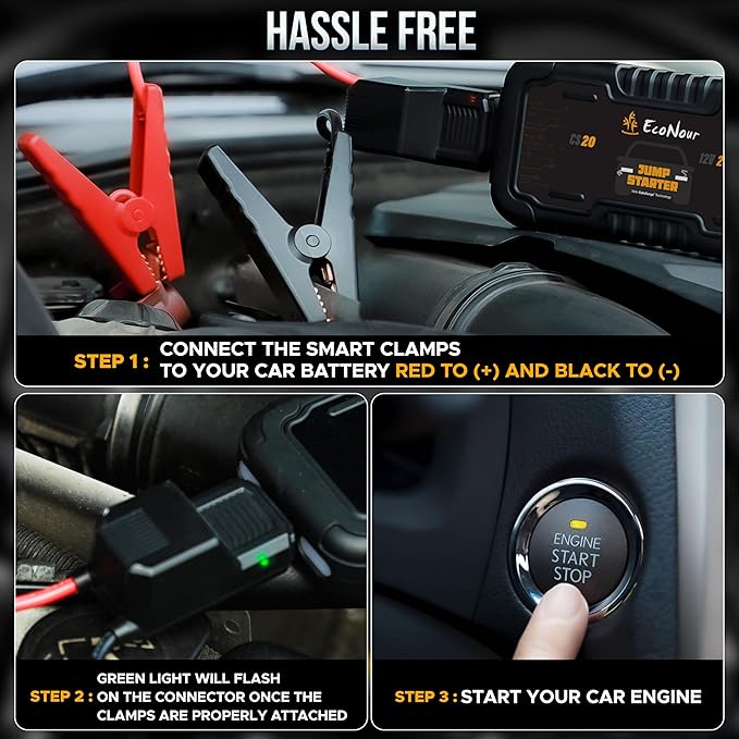 EcoNour Car Battery Jump Starter | Car Battery Jumper | 2500A Portable Car Jumper Pack with Charger Cable | Ideal for Up to 8.5L Gasoline & Diesel Engines | Compatible with Ford, Honda & Jeep