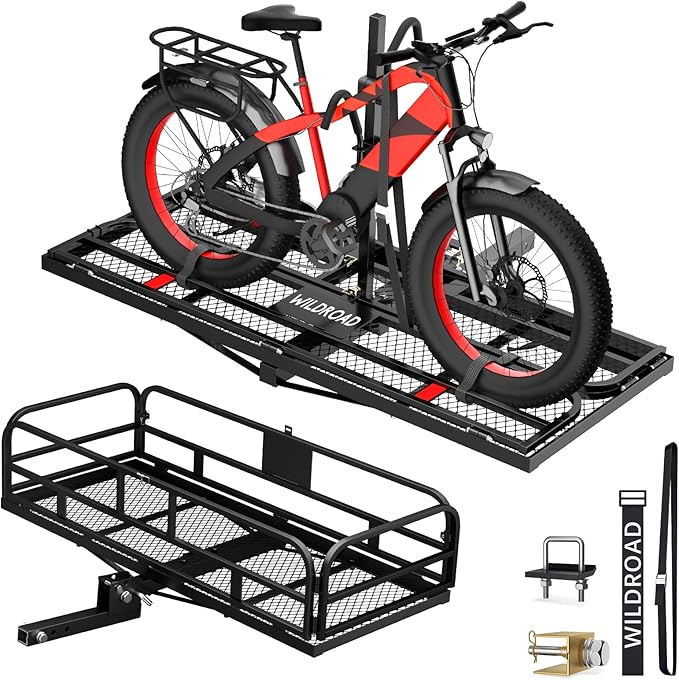 Wildroad Hitch Cargo Carrier with Bike Rack 60" x 24" x 14" Folding Trailer Hitch Cargo Carrier 500 LBS Capacity for Standard, Fat Tire and Electric Bike Fits 2" Receiver 60" Basket+Bike Rack