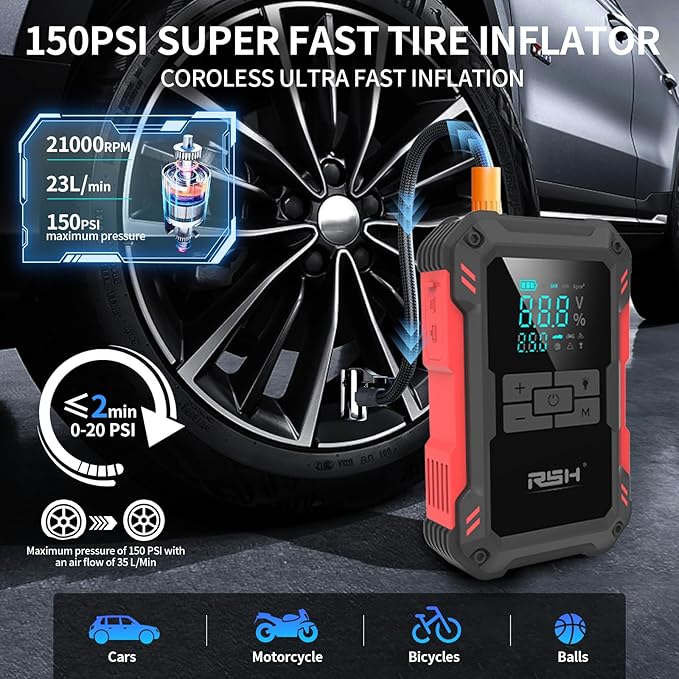 Car Jump Starter with Air Compressor 4000A Peak Battery Jump Starter 12V 150PSI Jump Box (up to 9L Gas,7.0L Diesel Engine) Auto Booster,LED Light & 15000MA with 65W USB Quick Charger and Type C