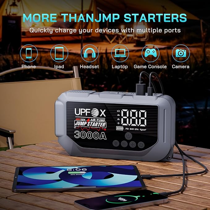 3000A Jump Starter with Air Compressor 12V – Portable Car Jump Starter for 8.0L Gas & 6.0L Diesel Engines, 150PSI Tire Inflator with LED Display, Emergency Jump Box with 3 Light Modes & Jumper Cables