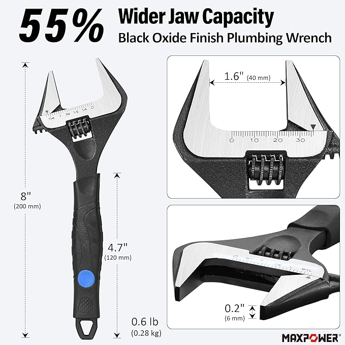 MAXPOWER 8 inch Adjustable Wrench, Wide Jaw Capacity 1.6" (40 mm)