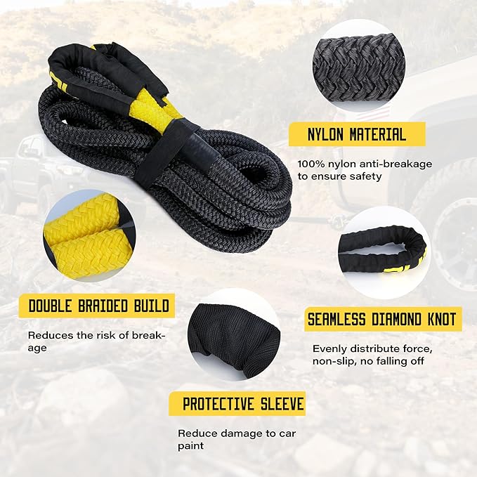 Kinetic Recovery Rope, 1 inch x 30 Feet Heavy Duty Kinetic Tow Ropes with 2Pcs Soft Shackles 30864 LBS Break Strength, Snatch Towing Strap Rope Kit for Offroad Vehicle Truck ATV UTV Car Tractor