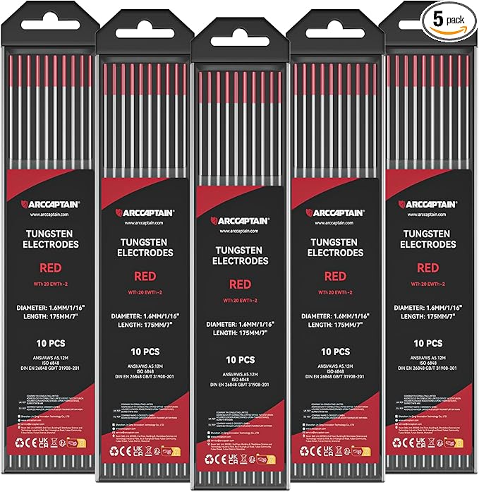 ARCCAPTAIN TIG Welding Tungsten Electrode 10-Pack 1/16"x 7"(Red, WT20/EWth-2) X 5Pcs