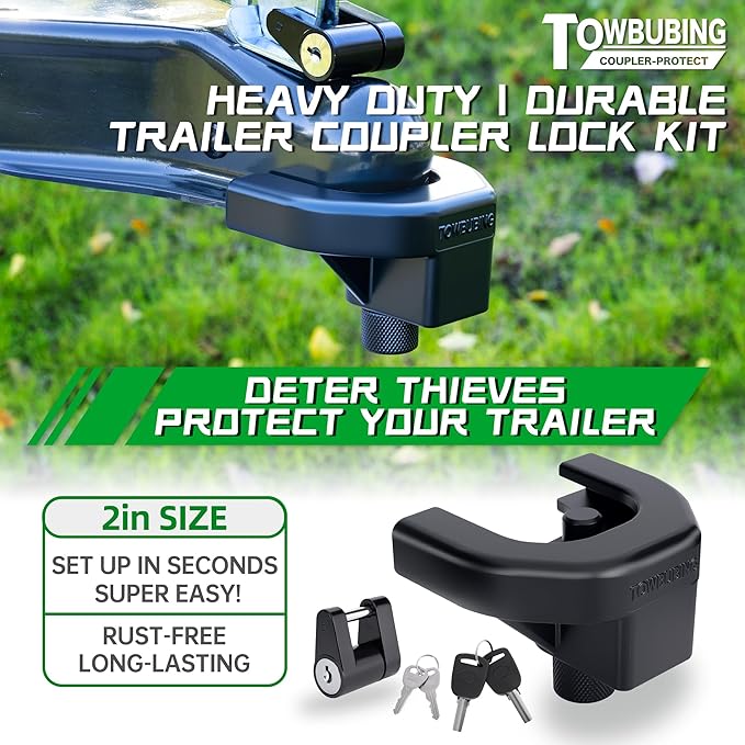Trailer Hitch Lock Kit (for 2" Trailers) Heavy Duty Anti Theft Trailer Coupler Locks for RV, Camper, Trailer, Boat, Caravan - Reinforced Solid Steel Tow Lock for Trailer Tongue (2in)