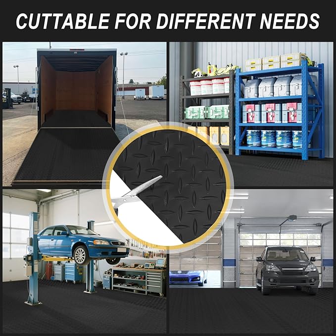 7.5x20 FT Garage Floor Mat, Flooring Roll with 20Pcs Tapes, 150 sqft Diamond Plate PVC Rubber Trailer Mat, Non-Slip Floor Mat for Garage, Warehouse, Gyms, Trailer, Pickup Truck (Black)