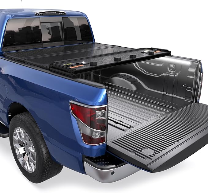 Aluminum Quad Hard Truck Bed Tonneau Cover Compatible for 2016-2024 Nissan Titan Fleetside 5.6 FT Bed On Top 67 inch+2X 60 Inch Light Strip 6500K White 3900LLM