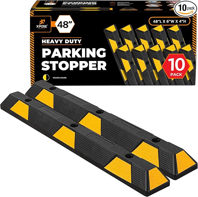 Xpose Safety 48" Heavy Duty Rubber Parking Stopper – 10 Pack Wheel Blocks for Garage, Driveway, or Ramp – Car Bumper Stop with Yellow Reflective Strips – Removable Floor Mount