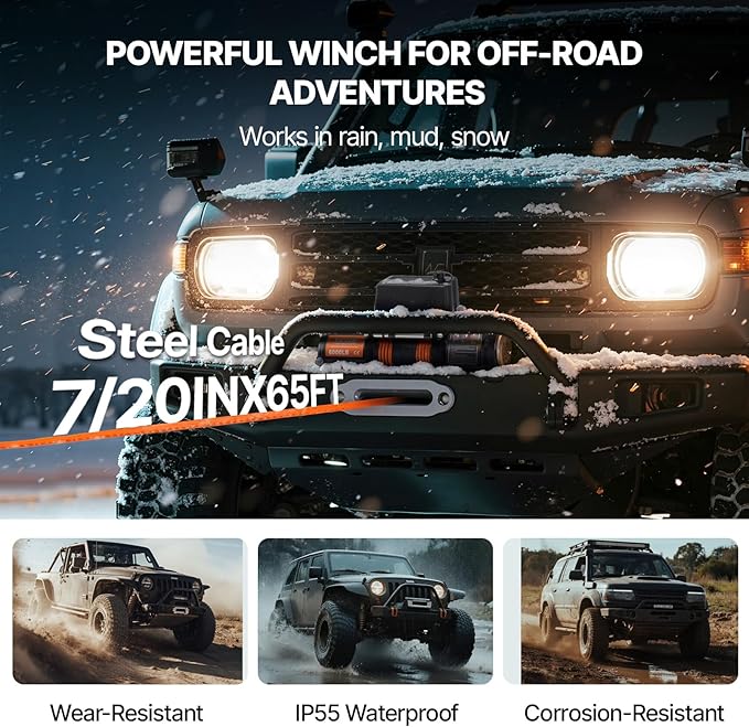 VEVOR Electric Winch, 10,000 lb Truck Trailer Jeep Winch, 12V DC 7/20 in x 65 ft Synthetic Rope Aluminum Fairlead Wireless & Wired Remote Control, IP55 Waterproof Towing for Off Road Jeep SUV Boat
