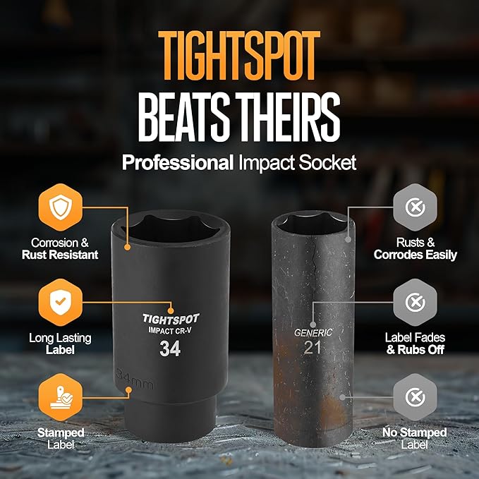 TIGHTSPOT 1/2 Inch Drive 34 mm Deep Impact Socket with Anti-Rounding 6 Point Design, Heat-Treated CRV Steel