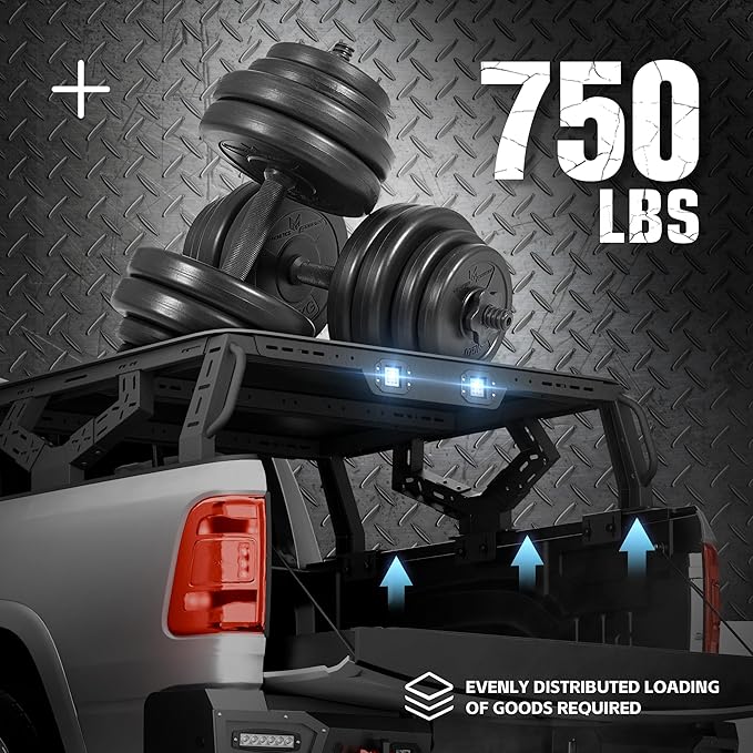 16.73" Bed Racks Truck Cargo Carrier with 2 LED Lights Compatible with Tacoma/Gladiator JT/Frontier/Colorado Extended Cab/Canyon/Ranger, Luggage Storage Bed Cross Bars