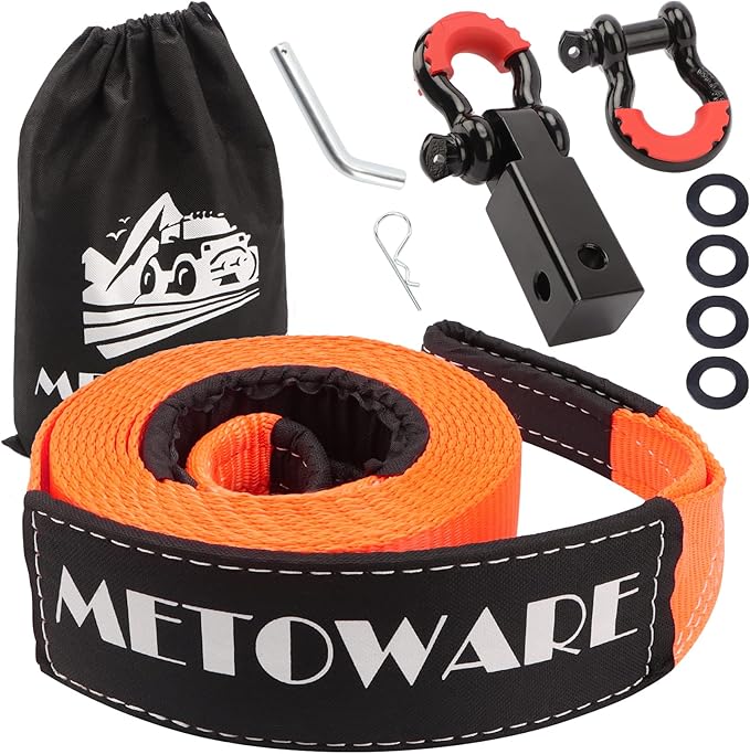 METOWARE Heavy Duty Tow Strap Recovery Kit - 3" x 20ft(35,000lbs) Tree Saver Winch Strap + 3/4" D Ring Shackles(2pcs) +2"Shackle Hitch Receiver + 5/8 Hitch Pin + Storage Bag - Truck, SUV, ATV Off Road