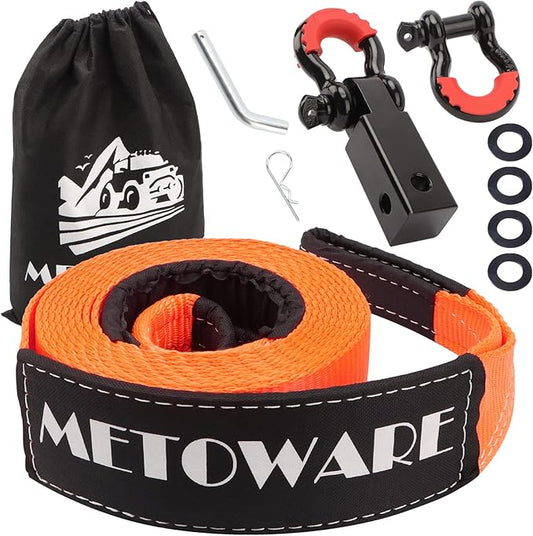 METOWARE Heavy Duty Tow Strap Recovery Kit - 3" x 20ft(35,000lbs) Tree Saver Winch Strap + 3/4" D Ring Shackles(2pcs) +2"Shackle Hitch Receiver + 5/8 Hitch Pin + Storage Bag - Truck, SUV, ATV Off Road