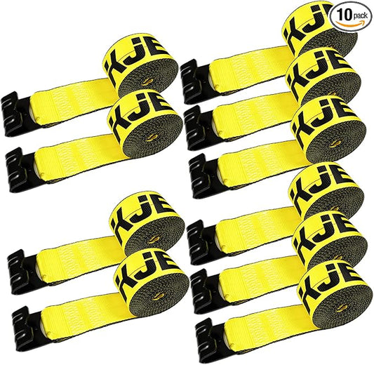 KJE 10 Pack Winch Straps 4" x 30' Yellow Heavy Duty Tie Down w/Flat Hooks Flatbed Trailer Strap WLL# 5,500 lbs | 4 Inch Cargo Control for Flatbed Truck