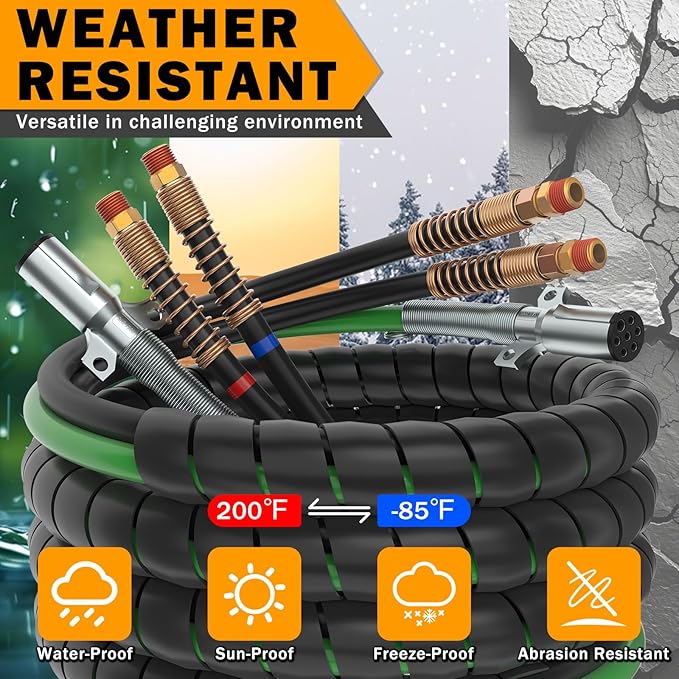 15 FT Semi Truck Air Lines Kit 3IN1 Trailer Cord and Air Brake Hoses Assembly without Rubber Gladhand Handles for Semi Truck Trailer Tractor