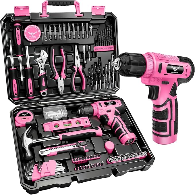 Tool Set：Pink Tool Kit with 8V Cordless Drill, Tool Box with Drill, Hand Drill Set for Men & Women, Home Tool Kits for House Repair, Handyman, DIY 127 Piece