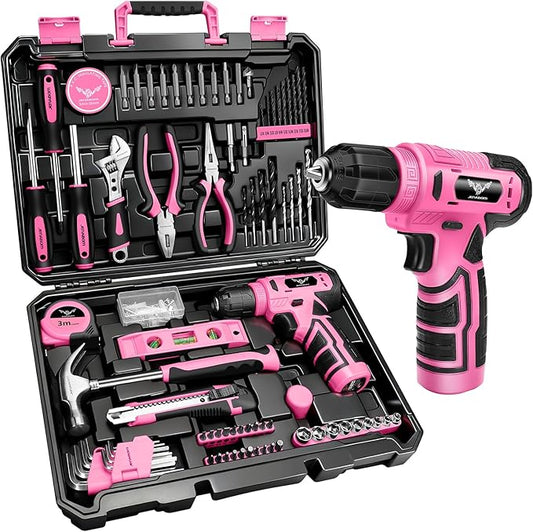 Tool Set：Pink Tool Kit with 8V Cordless Drill, Tool Box with Drill, Hand Drill Set for Men & Women, Home Tool Kits for House Repair, Handyman, DIY 127 Piece