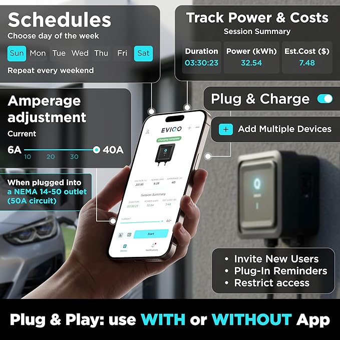 EVIQO Level 2 EV Charger 40 Amp - 9.6 kW 240V Wall Home EV Charger Level 2, NEMA 14-50 Plug, J1772 25' Cable - Enhanced Wi-Fi – UL, ETL Certified EVSE, Smart Electric Vehicle Charging Stations – GEN 2