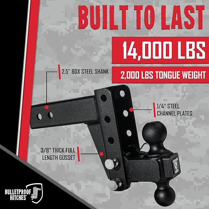 BulletProof Hitches - 2.5" Adjustable Medium Duty Trailer Hitch (14,000 lb. Rating) - 4" Drop/Rise Trailer Hitch with 2" & 2-5/16" Dual Ball - Powder Coat, Box Steel, Corrosion-Resistant