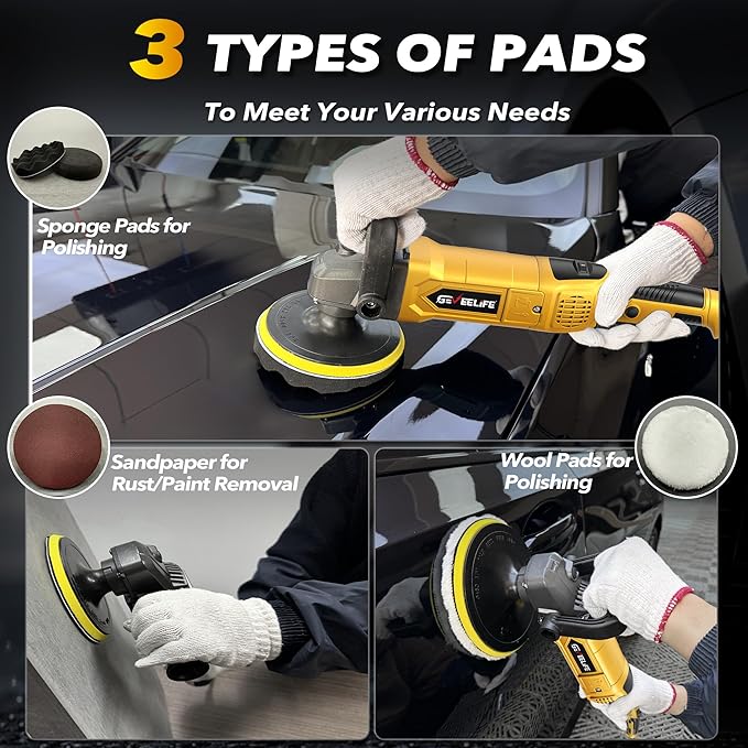 GEVEELIFE Buffer Polisher, 6 Inch/7 Inch 1600W Rotary Car Buffer Polisher Waxer, 7 Variable Speed 1000-3500 RPM, Detachable Handle for Car, Boat Sanding, Polishing, Waxing(Yellow)