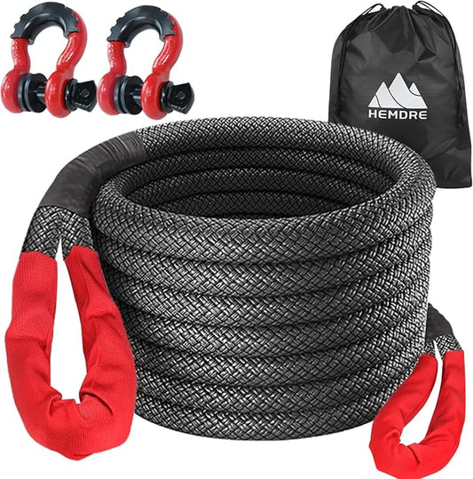 1" x 30' Kinetic Recovery Rope 56,000lbs with 2 D-Ring Shackles, Heavy Duty Offroad Recovery Kit, Nylon Kinetic Tow Ropes for Trucks, Pickup, Tractor, SUV, UTV, ATV, RV, Black