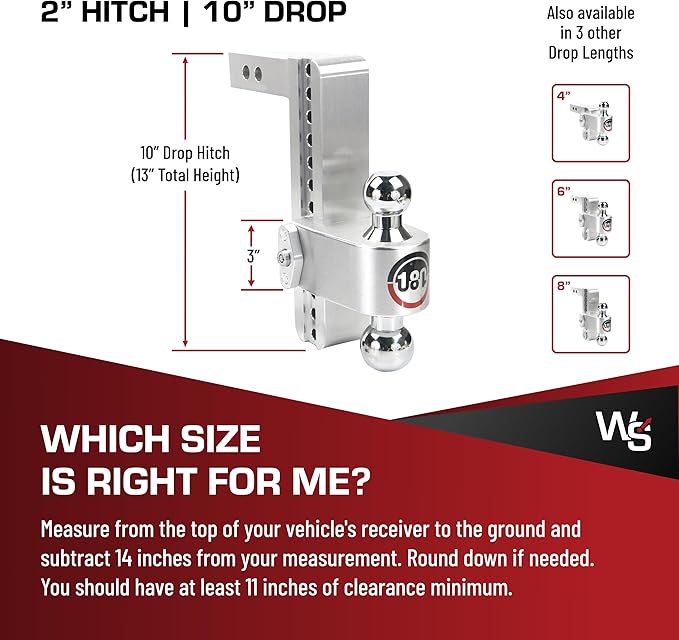 Weigh Safe 180-Degree Trailer Hitch - Adjustable Trailer Hitch for Towing - Compatible with 2" Receivers - 10" Drop, Chrome-Plated Tow Balls, 12,500 GTW, 1-Piece Lock Set