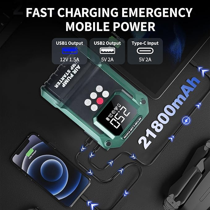 Jump Starter with Air Compressor,2000A 150PSI Car Jump Starter,21800mAh Battery Jump Starter Portable,12V Jump Box with Smart Jumper Cable LCD Display,Lights(Up All Gas/12.0L Diesel)