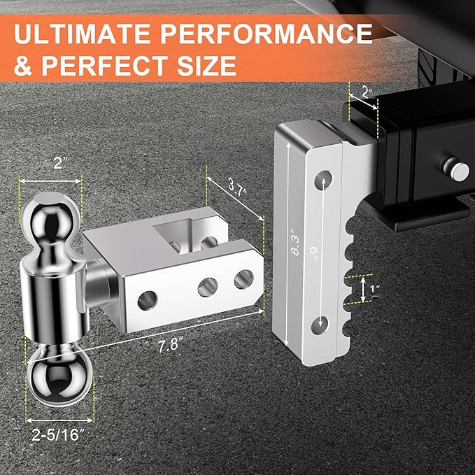 Adjustable Trailer Hitch, Fits 2-Inch Receiver, 8-Inch Drop/Rise for Trucks (12500 LBS GTW), Heavy Duty Aluminum Tow Hitches with 4 Silencer Pads & 2 Locking Hitch Pin, Silver