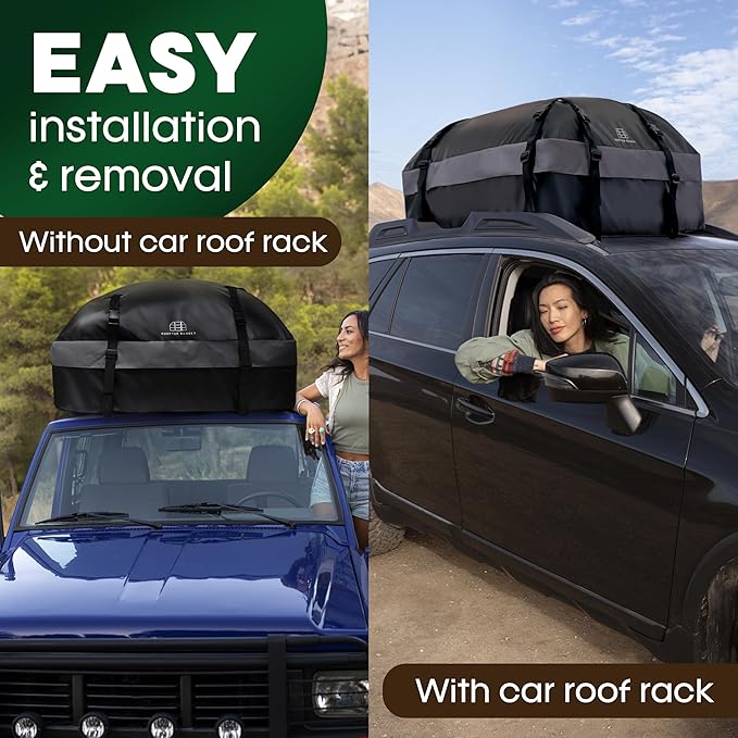 15 Cubic Ft Car Rooftop Soft Shell Cargo Carrier, 100% Waterproof - Car Storage for All Vehicle with/Without Racks - Attached Anti Slip Mat, Storage Bag, 4 Door Hooks & Straps, Lock
