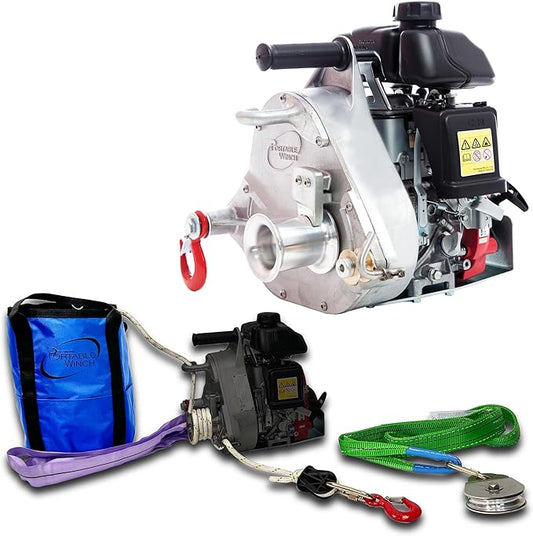 Portable Winch PCW5000-A Gas-Powered Capstan Winch with Accessories - 2,200 lbs Pulling Capacity Winch, Honda GXH50 Engine Portable Gas Winch for Hunting, Logging, and Towing