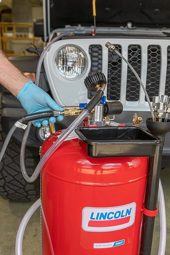 Lincoln 3637 25 Gallon Pneumatic Portable Self-evacuating Fluid Evacuator, Compressed Air-operated Venturi, Built-in regulator, Tool Tray, Tank-mounted Clip, 4) Flexible and 2) Rigid Dipstick Wands
