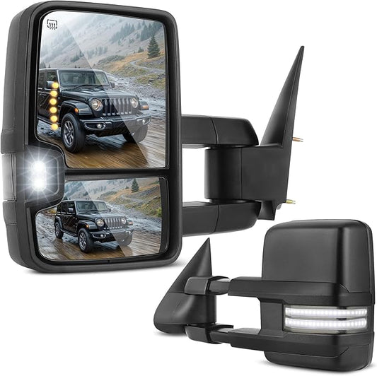 DWVO Towing Mirrors Compatible with 03-06 Silverado Sierra 1500 2500 HD 3500 Escalade Suburban Tahoe Yukon, Turn Light Running Lights Power Heated Manually Folding Switchback