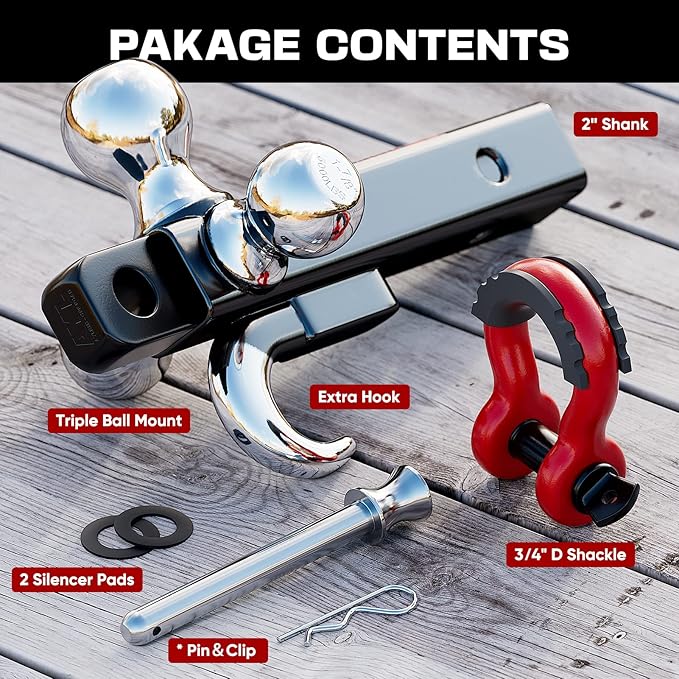 Ayleid Trailer Hitch Tri-Ball Mount with Hook&Pin&Rotatable Tow Shackle,Fits 2-in Receiver with 1-7/8-in,2-in,2-5/16-in Hitch Ball