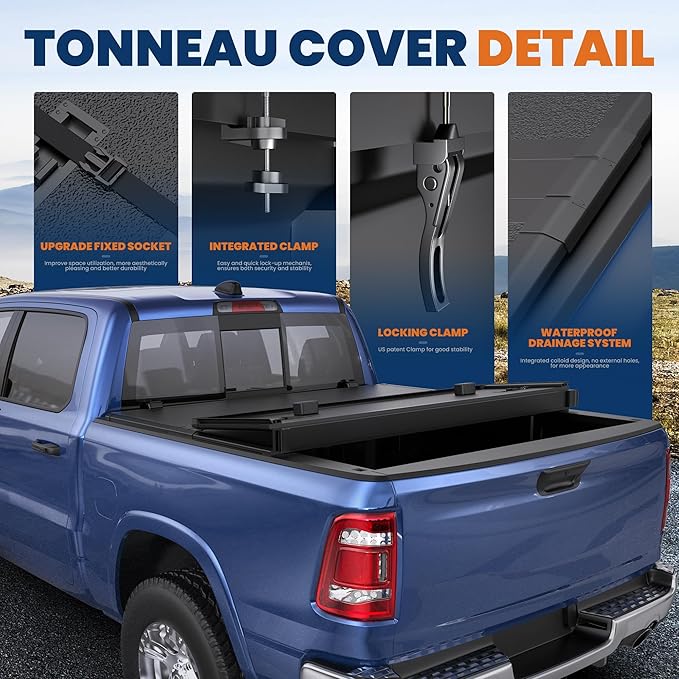 Fiberglass Tri Hard Tonneau Cover Fleetside Compatible with 2002-2025 Dodge Ram 1500 Classic & New Body/Ram 2500 3500 (w/o Ram Box)-6.5 FT Bed On Top 76.3 inch Truck Bed Cover