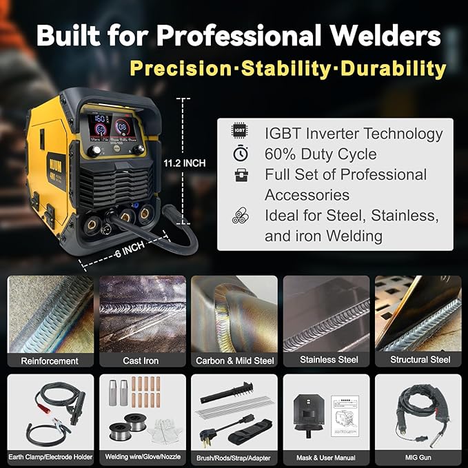 160A 4-in-1 AI Welding Machine: Dual Voltage 110V/220V Gas MIG/Flux Core/Lift TIG/Stick Welder – Smart Synergic Control IGBT Inverter HD LED Display for Home Repair Auto Restoration Metal Fabrication