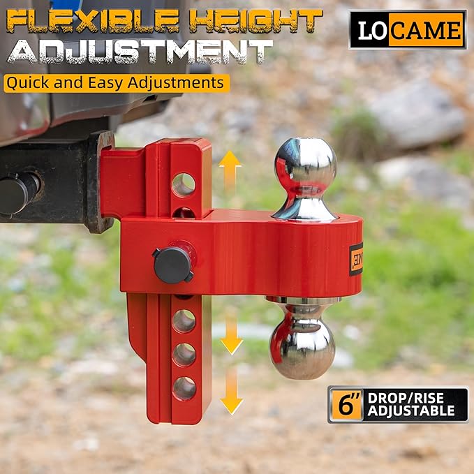LOCAME Adjustable Trailer Hitch, Fits 2.5-Inch Receiver Only, 6-Inch Drop/Rise Aluminum Drop Hitch,18,500 LBS GTW-Tow Hitch for Heavy Duty Truck with Double Stainless Steel Locks, Red