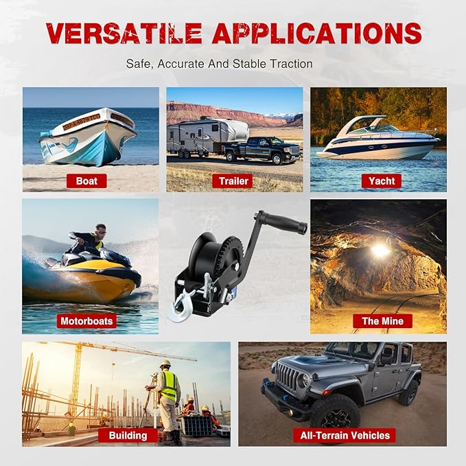 Nilight Boat Trailer Winch 1200 Lbs Hand Crank Winch Heavy Duty Boat Winches with 23Ft Strap Rope Hook 2-Way Ratchet 4:1 Gear Portable Marine Manual Winch for Trailers Boats RV ATV Jet Ski Towing