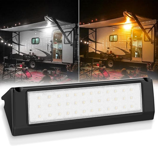 MICTUNING RV Porch Light, 9 Inch 54W Amber/White LED Exterior Utility Awning Light 6000K, Aluminum Housing IP67 Waterproof Replacement Lighting for Trucks, Trailers Bus Marine Boats Campers