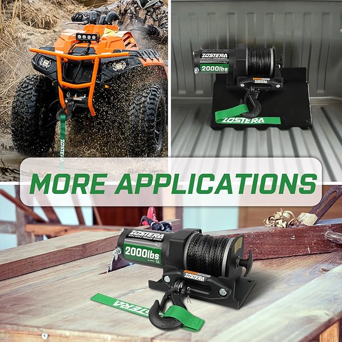 2000lb ATV Winch Electric 12V,with Synthetic Rope, RV Waterproof Towing Winches,with Wired Manual Remote Controller Switch,with Mounting Plate, Fairlead&Hook